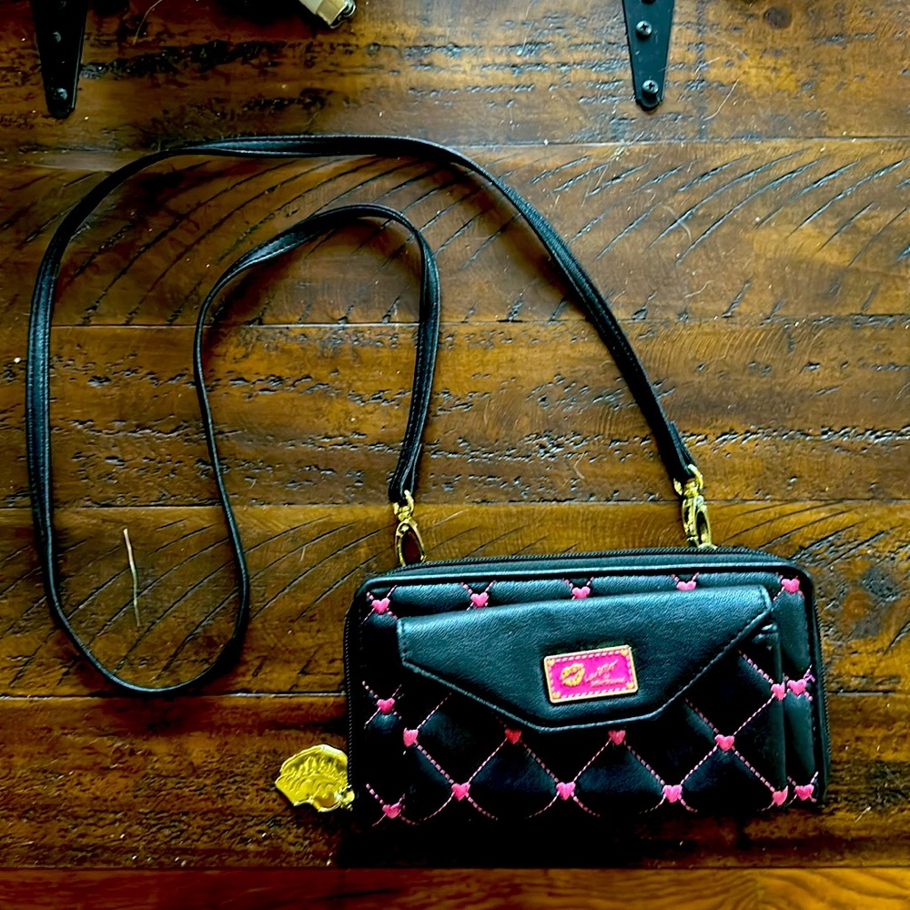Betsey Johnson black and hot pink crossbody clutch